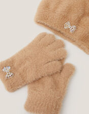 Jewel Bow Fuzzy Knit Hat & Gloves Set, Camel (CAMEL), large