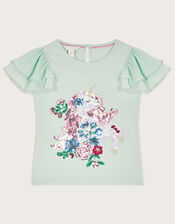 Sequin Unicorn Frilly T-Shirt, Green (GREEN), large