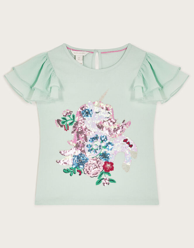 Sequin Unicorn Frilly T-Shirt, Green (GREEN), large