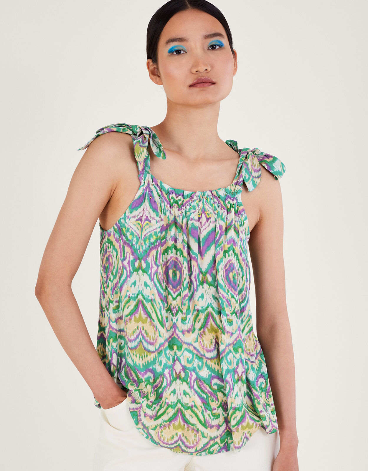 Geometric Print Tie Strap Cami White