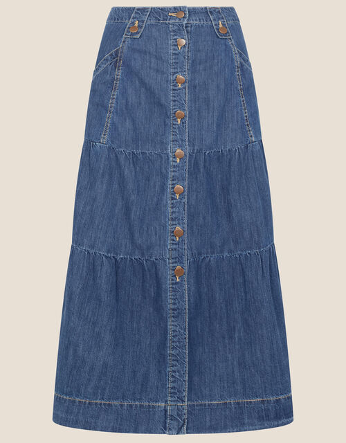 Tiered Denim Midi Skirt, Blue (DENIM BLUE), large