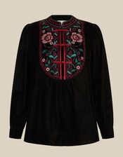 Agnes Long Sleeve Floral Embroidered Velvet Top, Black (BLACK), large