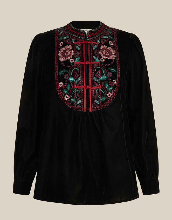 Agnes Long Sleeve Floral Embroidered Velvet Top, Black (BLACK), large