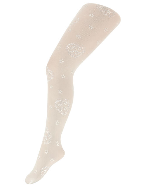 Girls Swirly Heart Flower Tights Ivory Girls' Tights & Socks