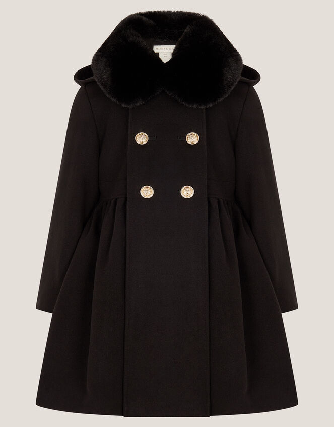 Faux Fur Collar Double-Breasted Coat, Black (BLACK), large