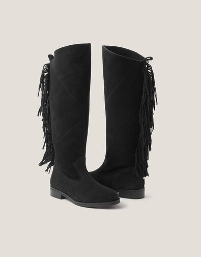 Flo Fringe Suede Knee High Boots, Black (BLACK), large