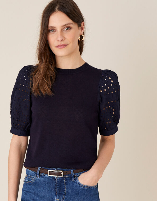 Broderie Sleeve Jumper in Linen Blend, Blue (NAVY), large