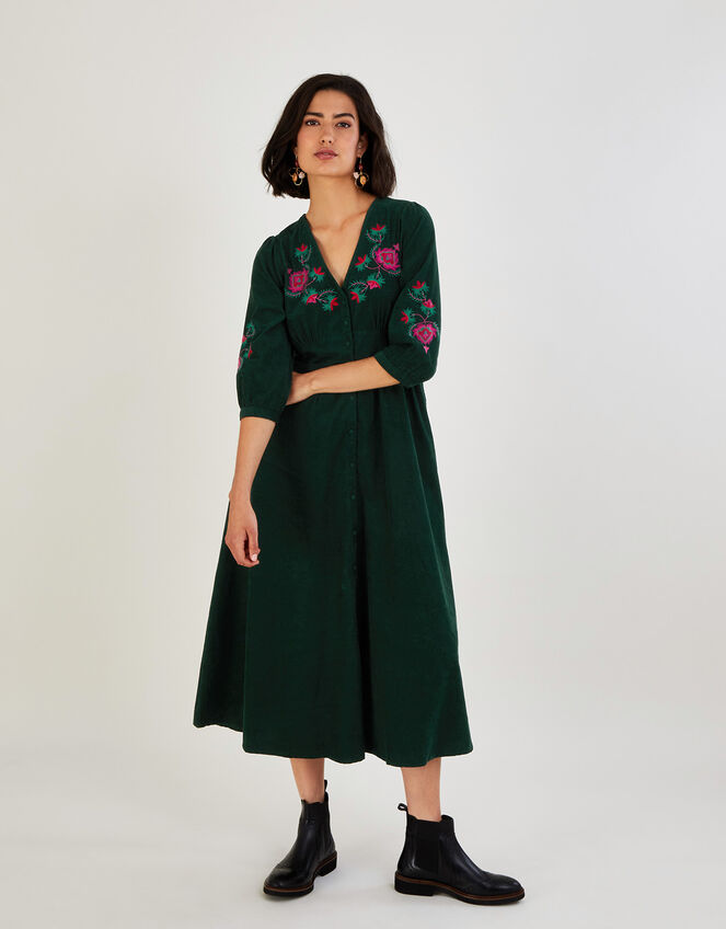 Embroidered Corduroy Tiered Midi Dress Green