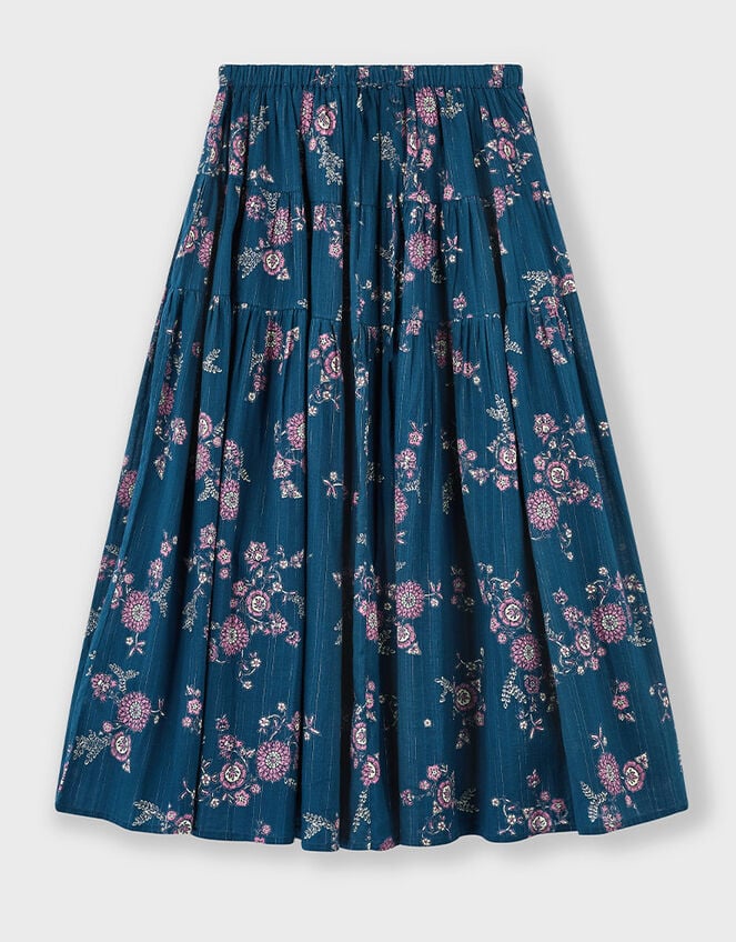 East Layla Floral Print Cotton Midi Skirt, Blue (BLUE), large