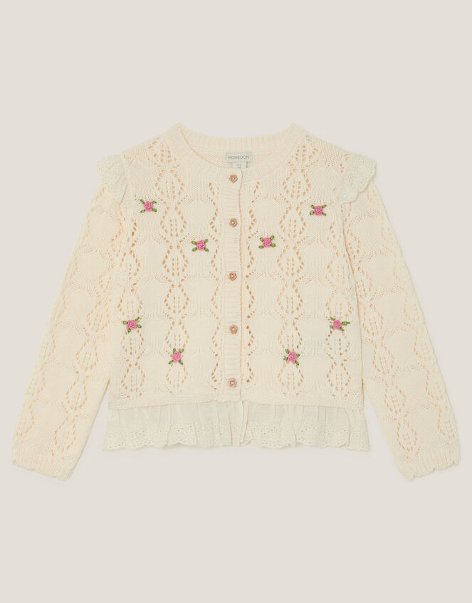 Embroidered Frill Pointelle Cardigan, Ivory (IVORY), large