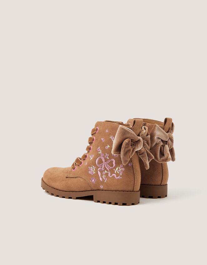 Bow Embroidered Lace-Up Boots, Tan (TAN), large
