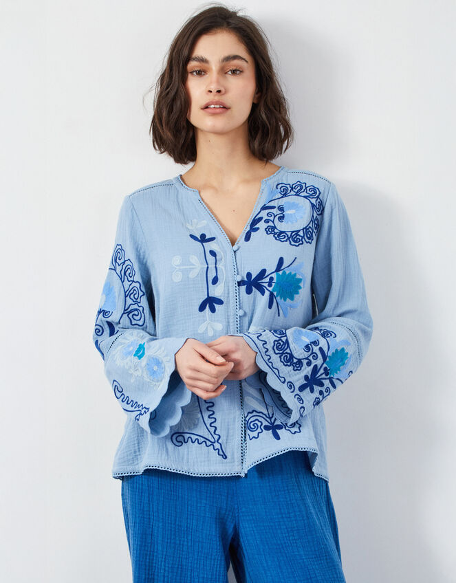 East Aurina Long Sleeve Embroidered Blouse, Blue (BLUE), large