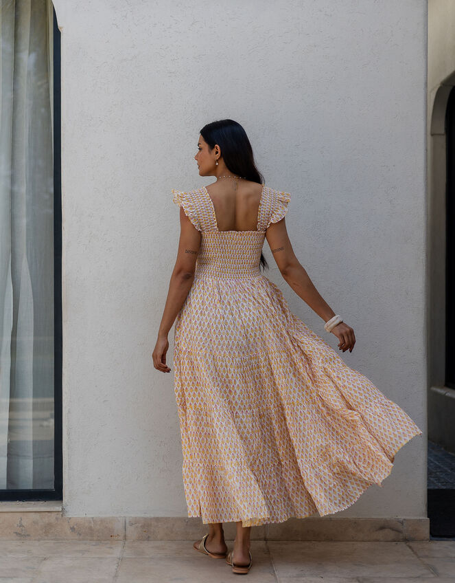 Dilli Grey Tara Smocked Block Print Maxi Dress, Yellow (YELLOW), large