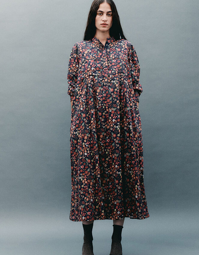 East Mariel Floral Print Cotton Midi Dress, Multi (MULTI), large