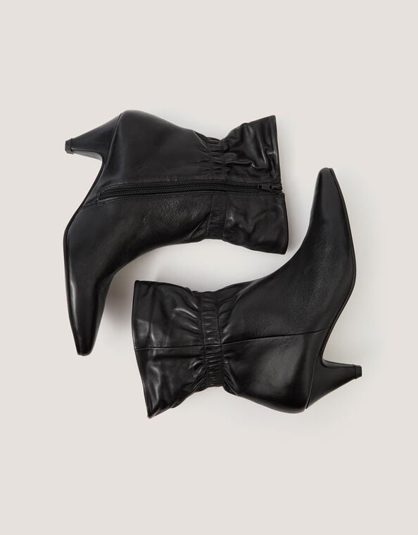 Fia Ruched Leather Kitten Heel Boots, Black (BLACK), large
