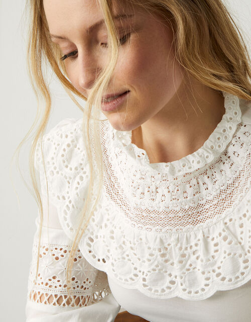 Bib Lace Long Sleeve Top in Sustainable Cotton, Ivory (IVORY), large