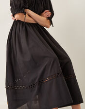 Riley Puff Sleeve Embroidered Midi Dress, Black (BLACK), large