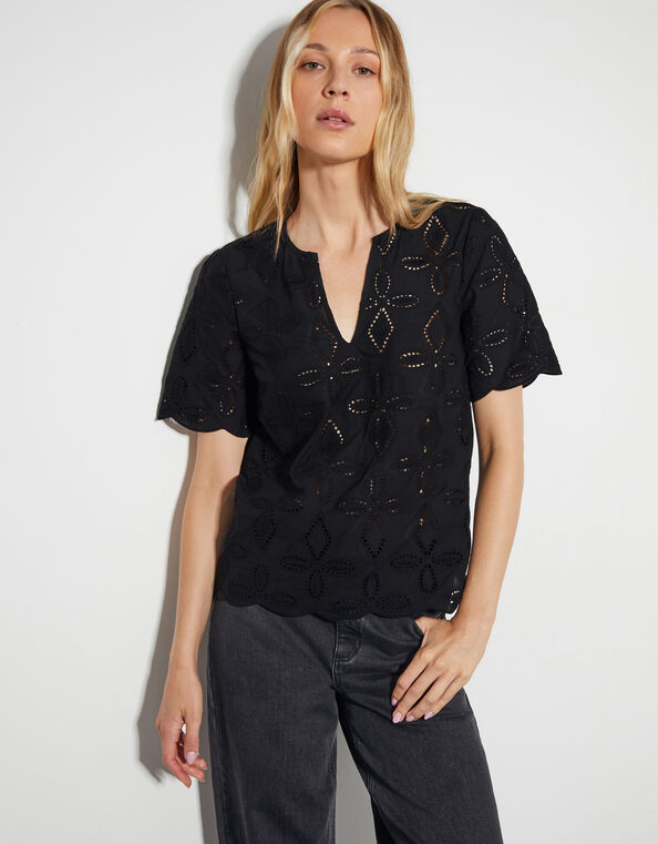 Brooke Short Sleeve Broderie Top , Black (BLACK), large