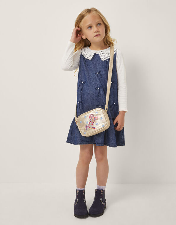 Collar Top & Chambray Bow Dress Set, Blue (BLUE), large