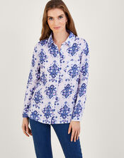 Laurie Ikat Button Through Linen Shirt, Blue (BLUE), large