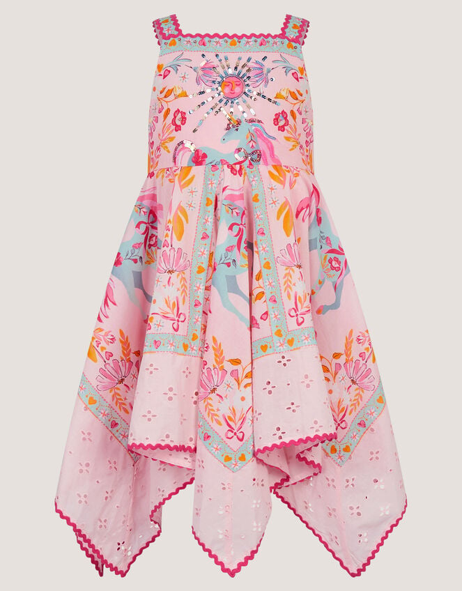 Unicorn Print Hanky Hem Dress, Pink (PINK), large