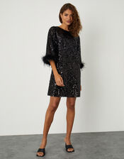 Fie Feather Sequin Tunic Dress, Black (BLACK), large
