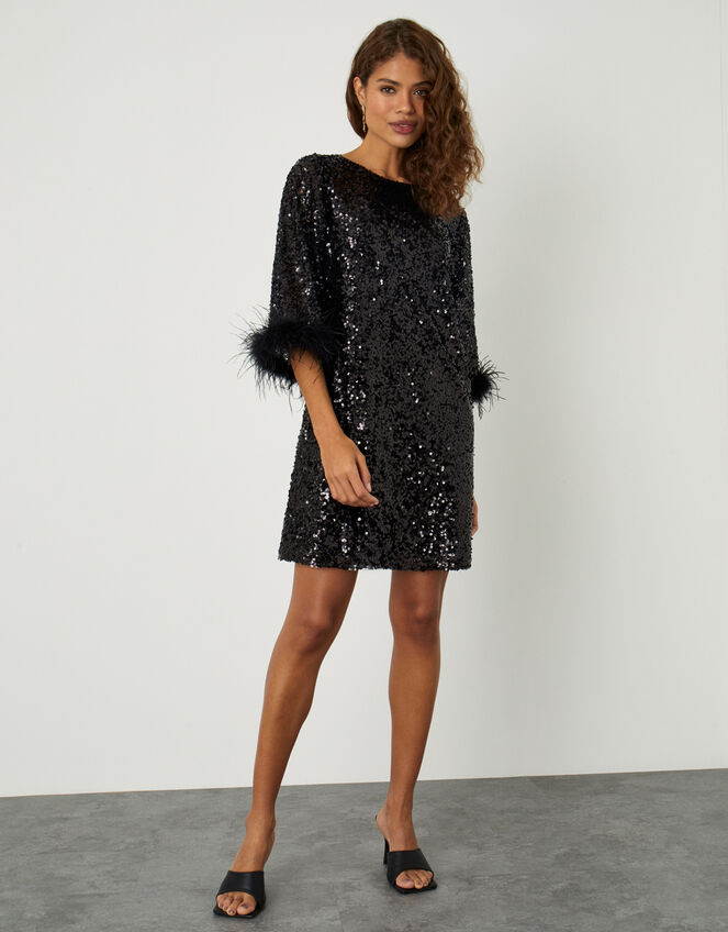 Fie Feather Sequin Tunic Dress, Black (BLACK), large