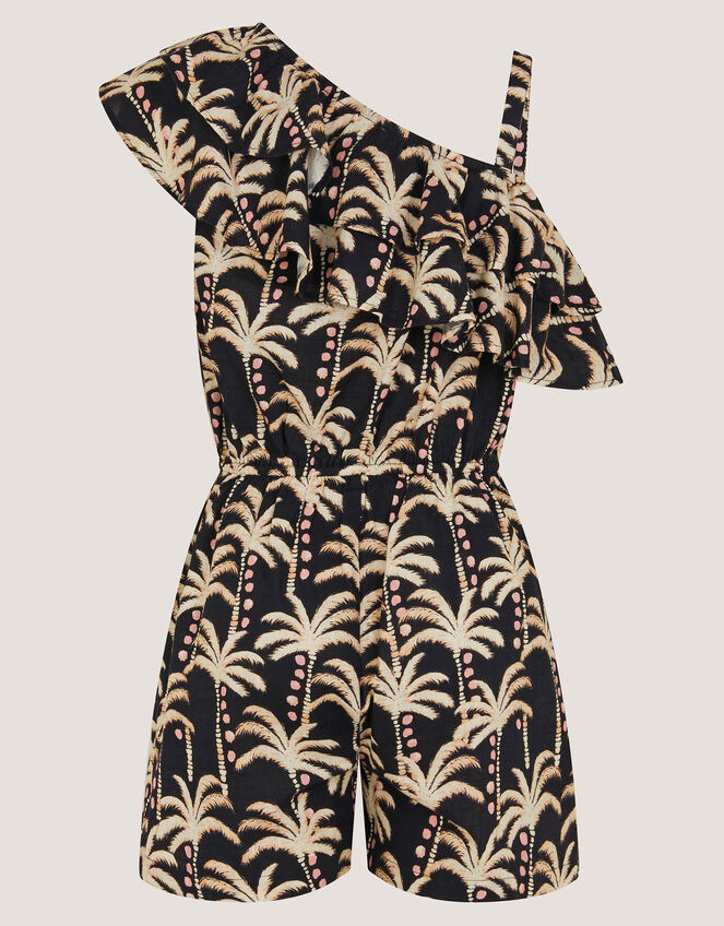 One Shoulder Palm Print Frill Playsuit, Black (BLACK), large