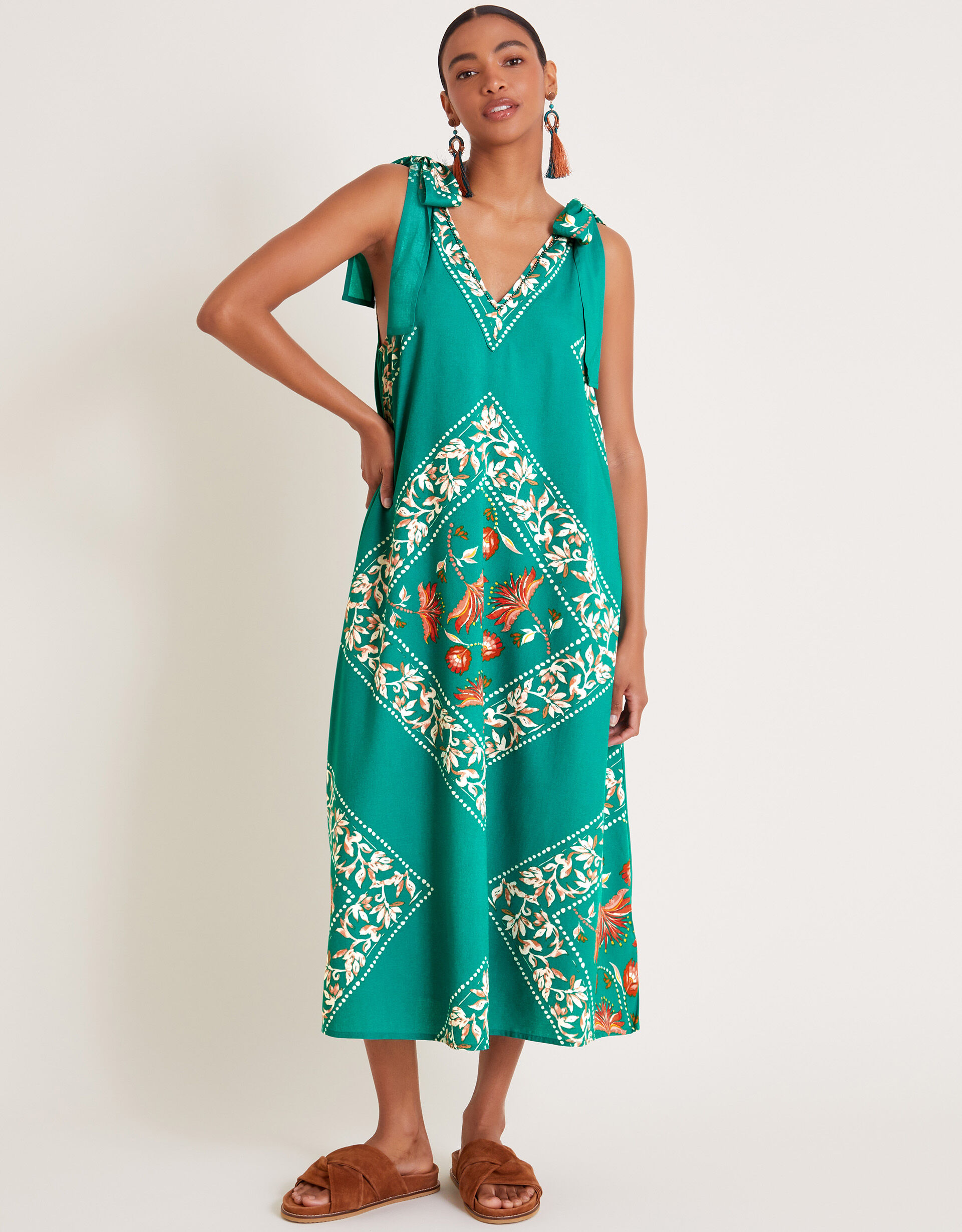 Mila Border Print Midi Dress Teal Day Dresses Monsoon UK