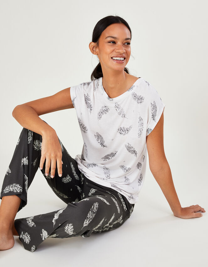 Feather Print Jersey Pyjamas in LENZING™ ECOVERO™, Grey (GREY), large