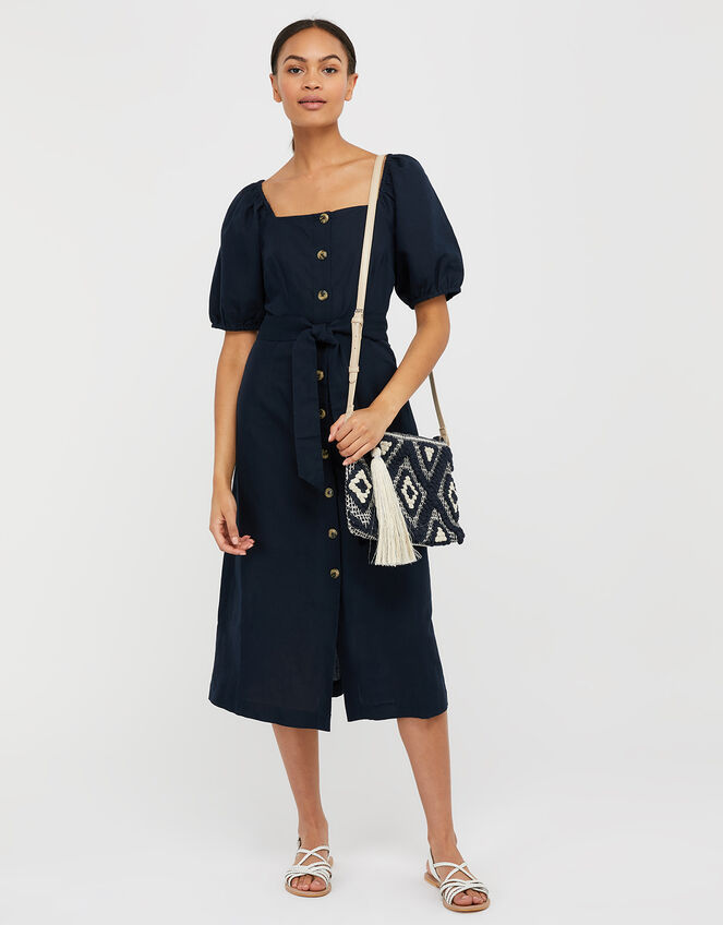 Tina Midi Dress in Linen and Organic Cotton, Blue (NAVY), large