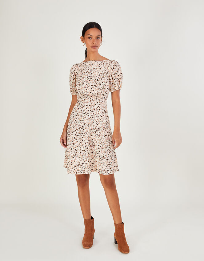 Anna Animal Print Short Dress, Natural (NATURAL), large