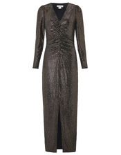 Rhiannon Ruched Glitter Maxi Dress, Bronze (BRONZE), large