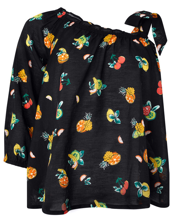 Laticia Fruit Print One-Shoulder Top, Black (BLACK), large