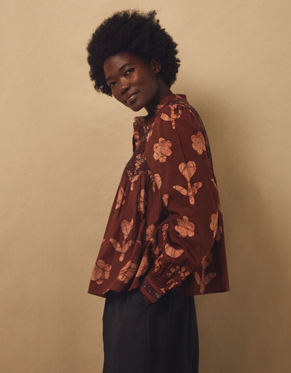 East Zena Hand-Batik Smocked Blouse, Brown (BROWN), large