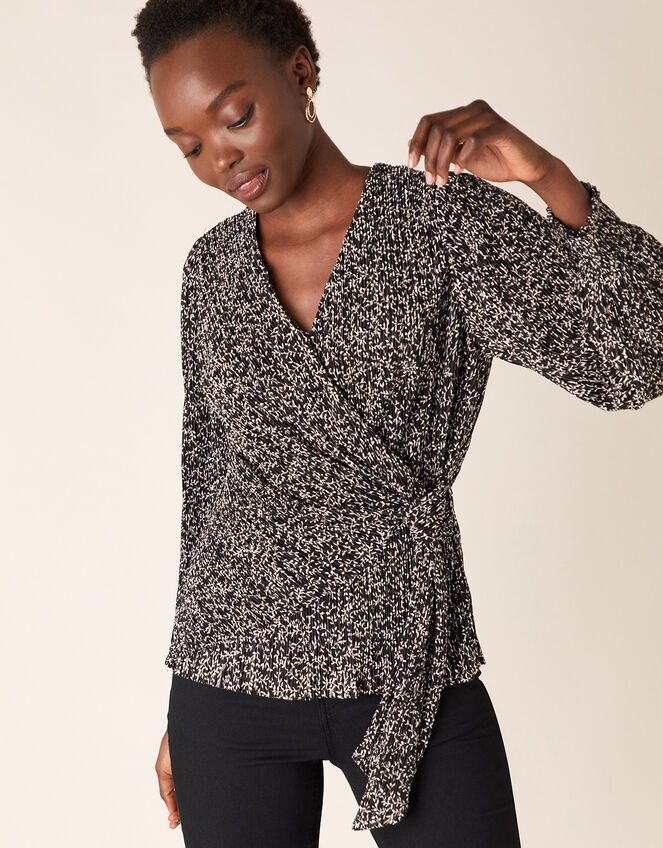 Printed Jersey Plisse Wrap Top, Black (BLACK), large