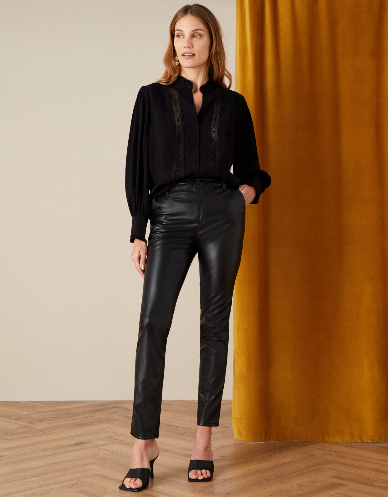 Monsoon Black (Black) Penny Faux Leather Trousers Black, in Size: 14