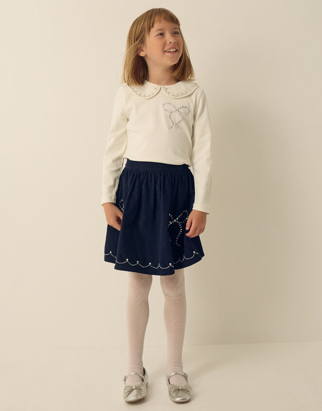 Bow Embellished Top & Corduroy Skirt Set, Blue (NAVY), large