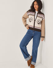 Julia Jacquard Knit Cardigan, Brown (CHOCOLATE), large