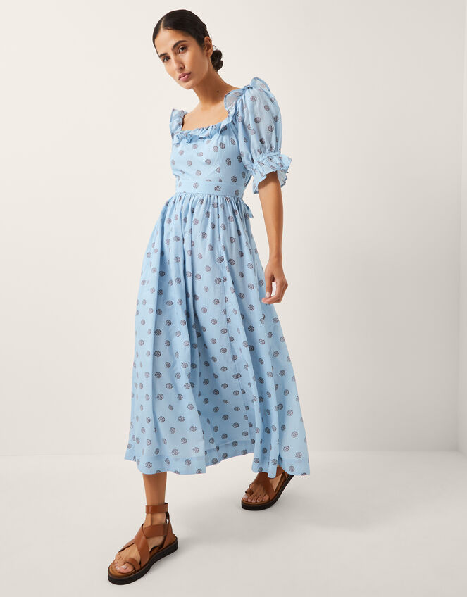 The India Edit Matilda Printed Puff Sleeve Midi Dress, Blue (BLUE), large