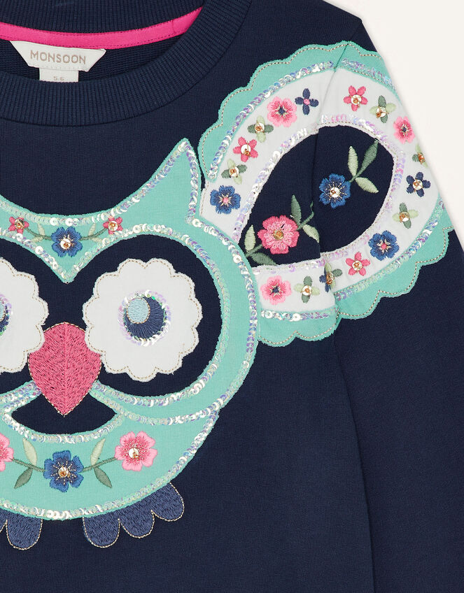 Owl Applique Embellished Sweatshirt, Blue (NAVY), large