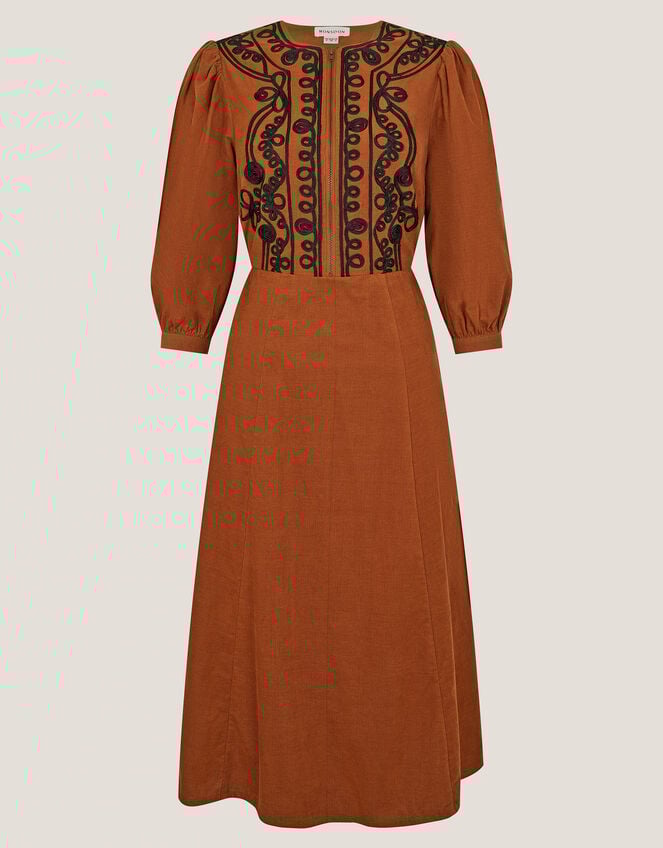Leah Embroidered Corduroy Midi Dress, Copper (COPPER), large