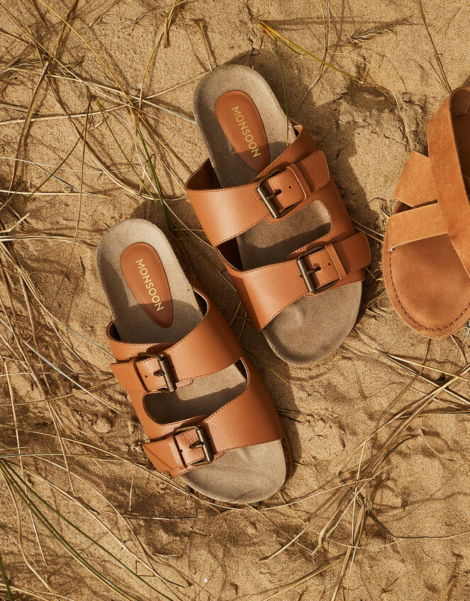 Lola Double Strap Leather Sandals, Tan (TAN), large