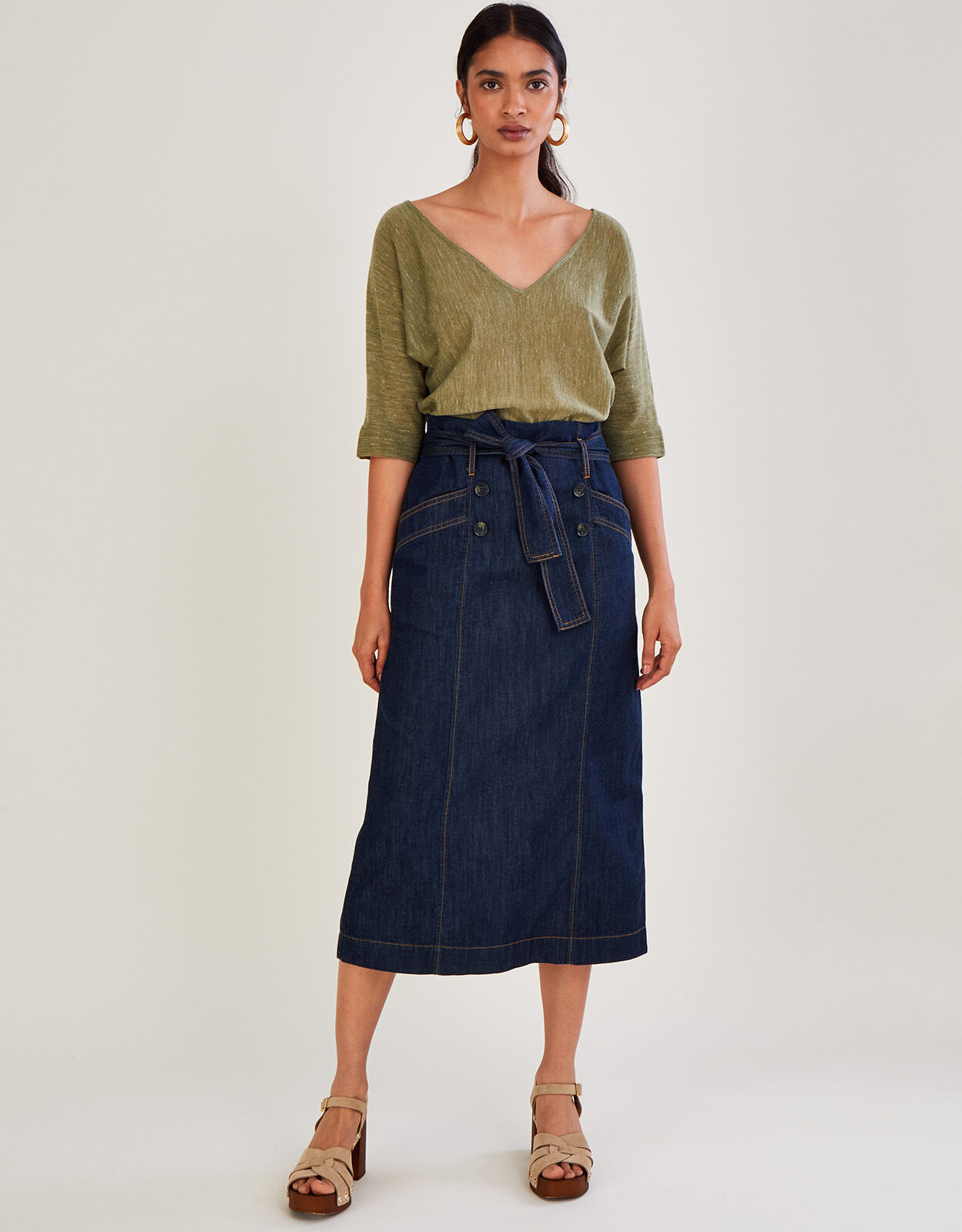 Denim Belted Button Front Skirt Blue Skirts Monsoon UK
