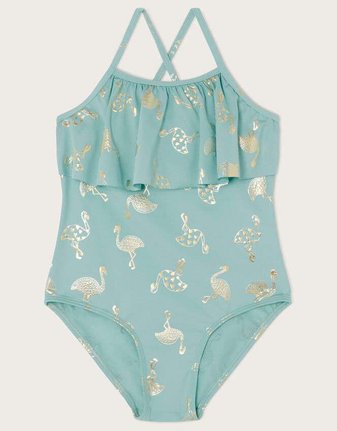 Flamingo Foil Print Frill Swimsuit Blue