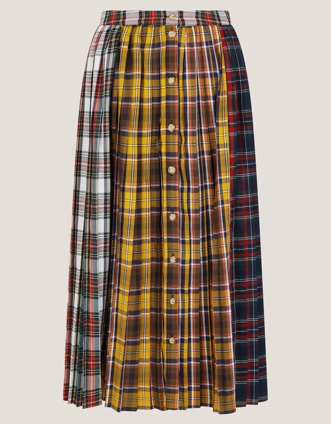 Monsoon x Sarah Corbett-Winder Tartan Pleated Midi Skirt, Yellow (YELLOW), large