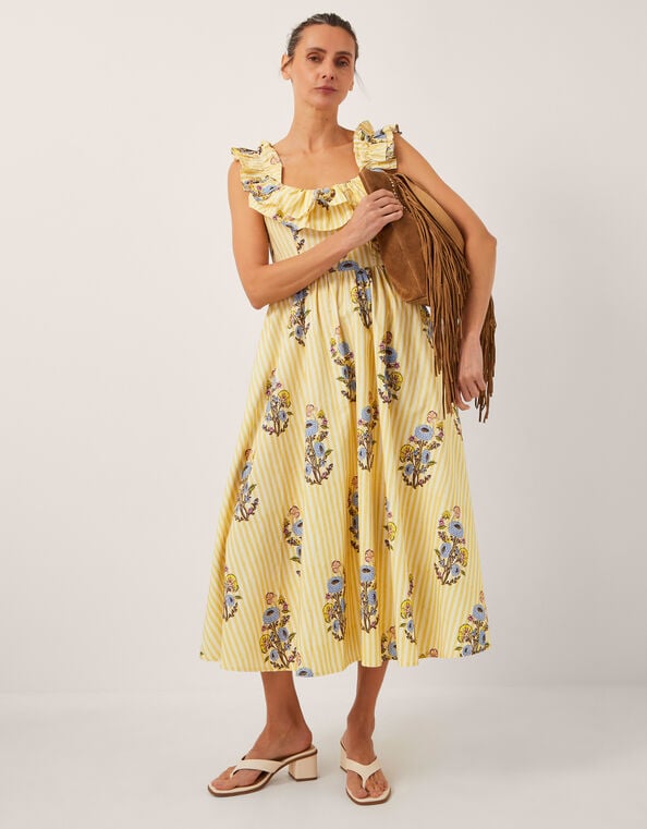 Maria Frill Floral Stripe Midi Dress, Camel (CAMEL), large