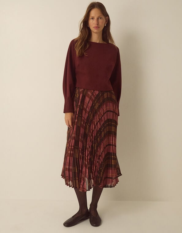 Melinda Check Print Pleated Midi Dress, Red (BURGUNDY), large