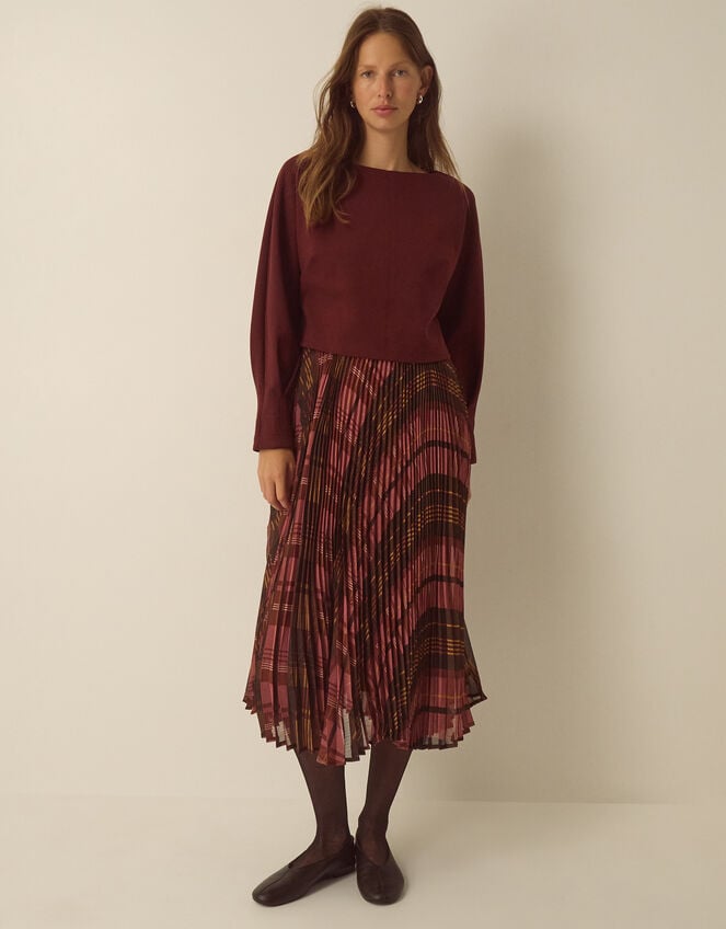 Melinda Check Print Pleated Midi Dress, Red (BURGUNDY), large