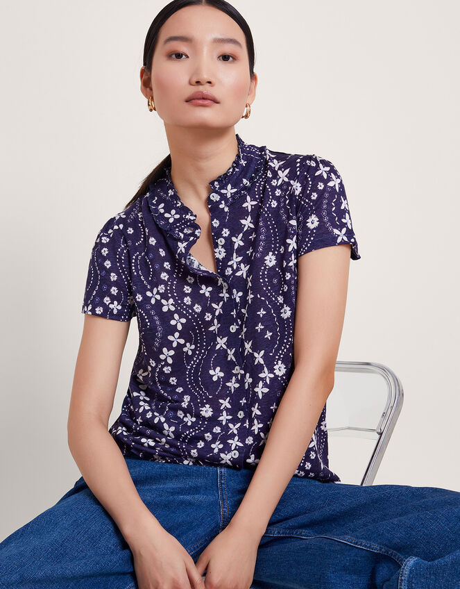 Serena Floral Linen Top, Blue (NAVY), large